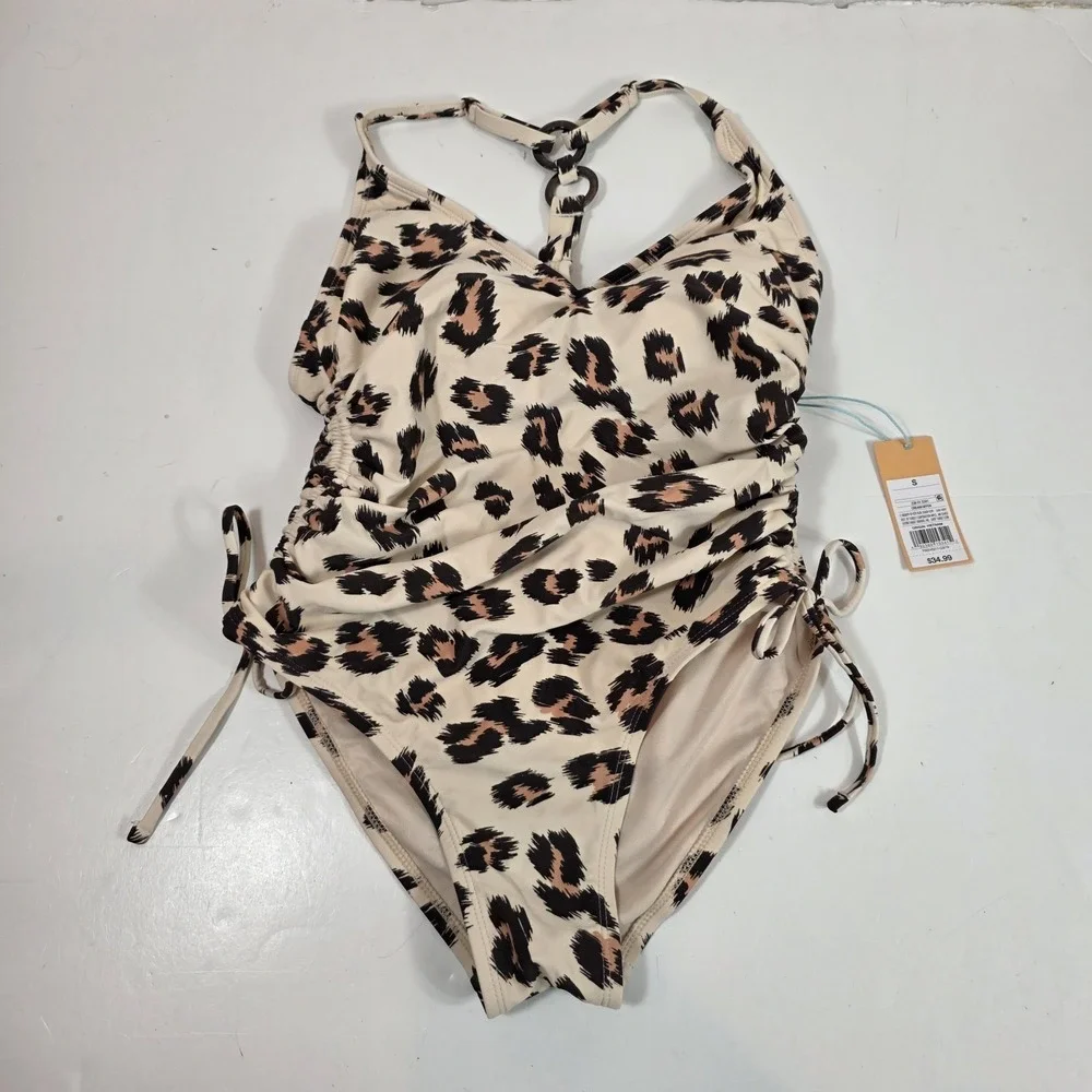 kona sol women's swimsuit cheetah animal print one piece small tags